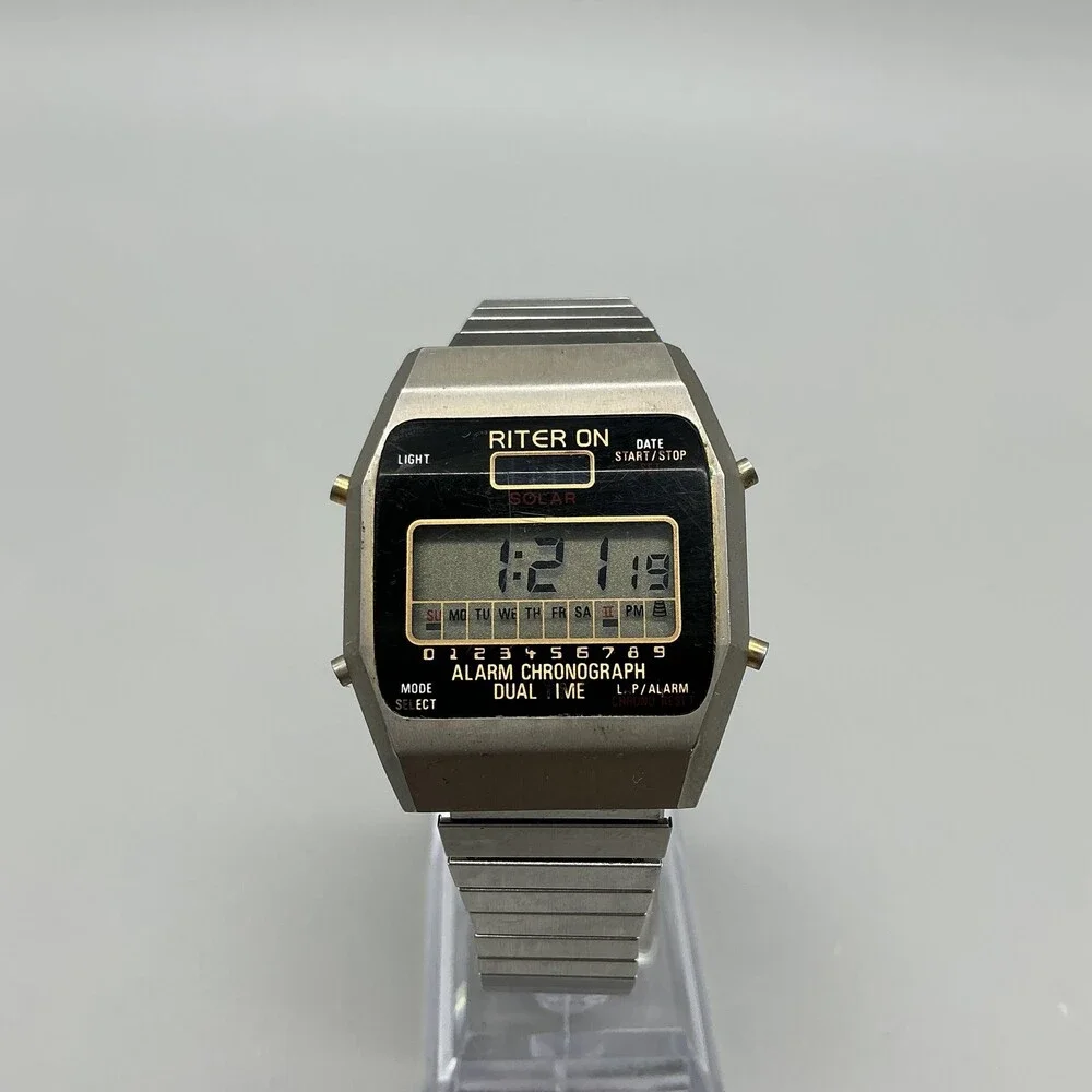 Vintage Criterion Mens Watch 34mm Alarm Chronograph Digital Stretch Solar